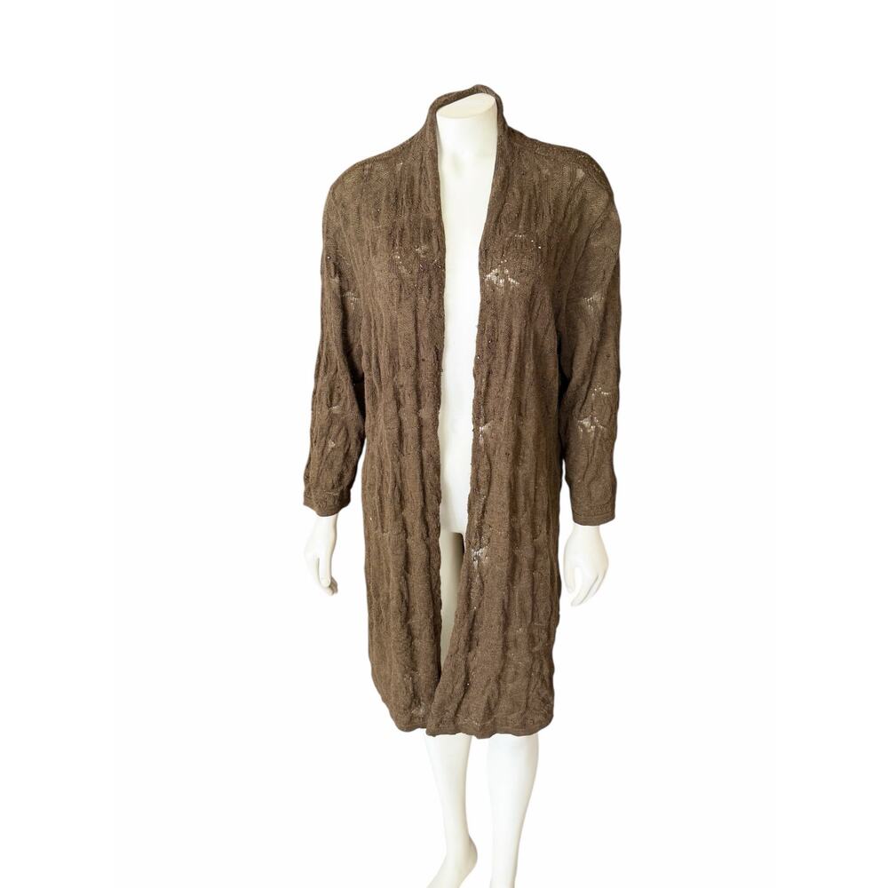 Eileen Fisher Brown Green Knit Open Cardigan Tunic Sweater Crystals Beads Sz XL